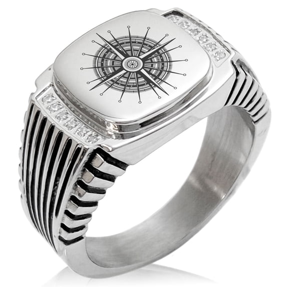 Tioneer Stainless Steel Nautical Needle Dial Compass CZ Ribbed Needle Stripe Pattern Biker Style Polished Ring