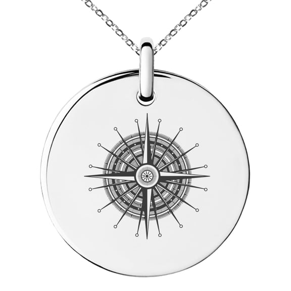 Stainless Steel Nautical Needle Dial Compass Engraved Small Medallion Circle Charm Pendant Necklace