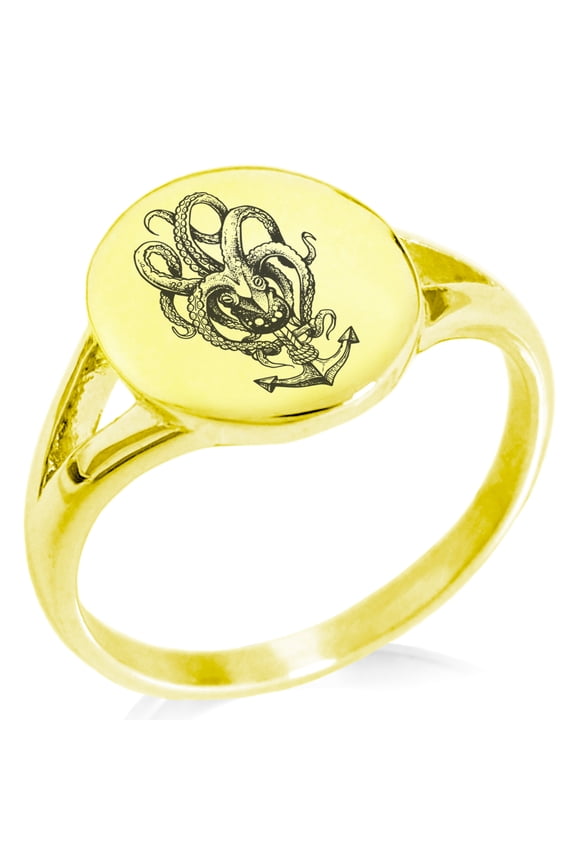 Stainless Steel Nautical Octopus Anchor Minimalist Oval Top Polished Statement Signet Ring