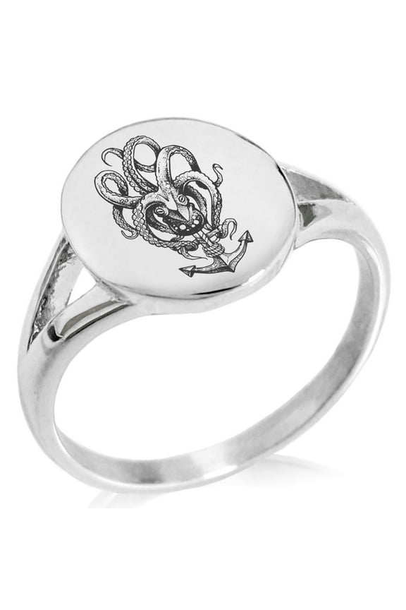 Stainless Steel Nautical Octopus Anchor Minimalist Oval Top Polished Statement Signet Ring