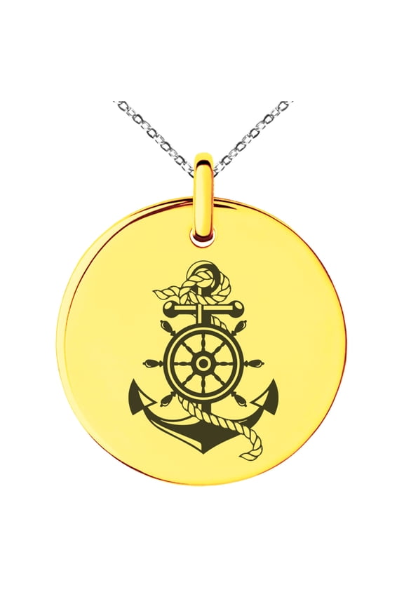 Stainless Steel Nautical Ship Helm & Anchor Engraved Small Medallion Circle Charm Pendant Necklace