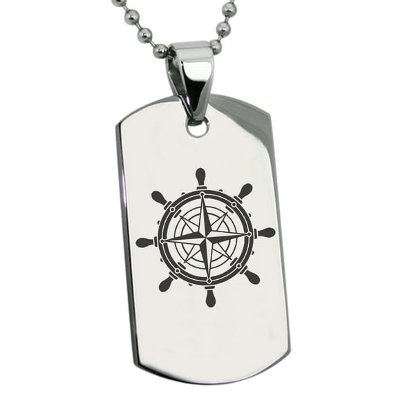 Stainless Steel Nautical Ship Helm Wheel Compass Engraved Dog Tag Pendant Necklace