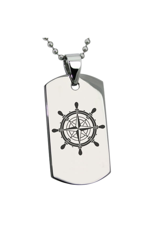 Stainless Steel Nautical Ship Helm Wheel Compass Engraved Dog Tag Pendant Necklace