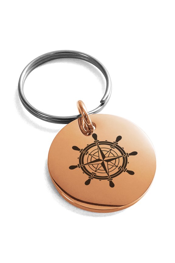 Stainless Steel Nautical Ship Helm Wheel Compass Engraved Small Medallion Circle Charm Keychain Keyring