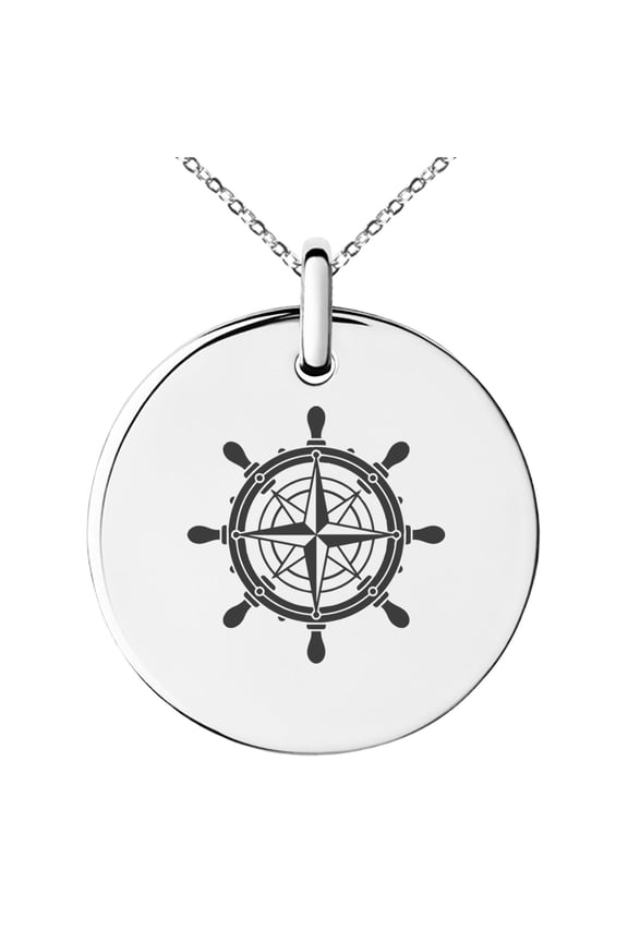 Stainless Steel Nautical Ship Helm Wheel Compass Engraved Small Medallion Circle Charm Pendant Necklace