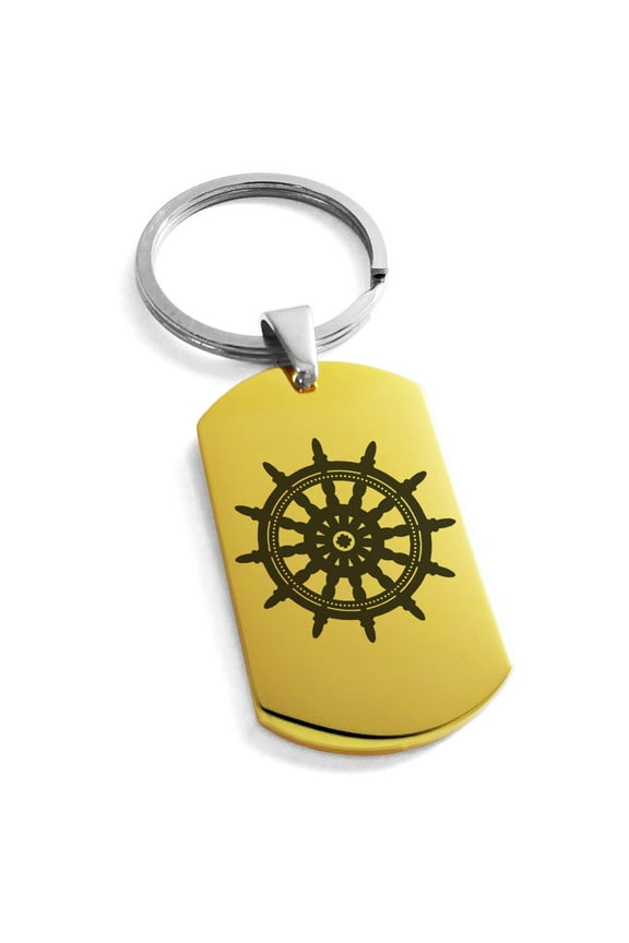 Stainless Steel Nautical Ship Helm Wheel Engraved Dog Tag Keychain Keyring