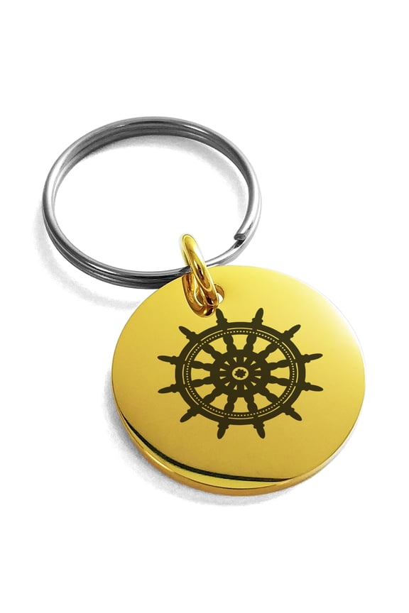 Stainless Steel Nautical Ship Helm Wheel Engraved Small Medallion Circle Charm Keychain Keyring