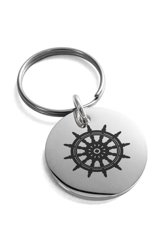 Stainless Steel Nautical Ship Helm Wheel Engraved Small Medallion Circle Charm Keychain Keyring