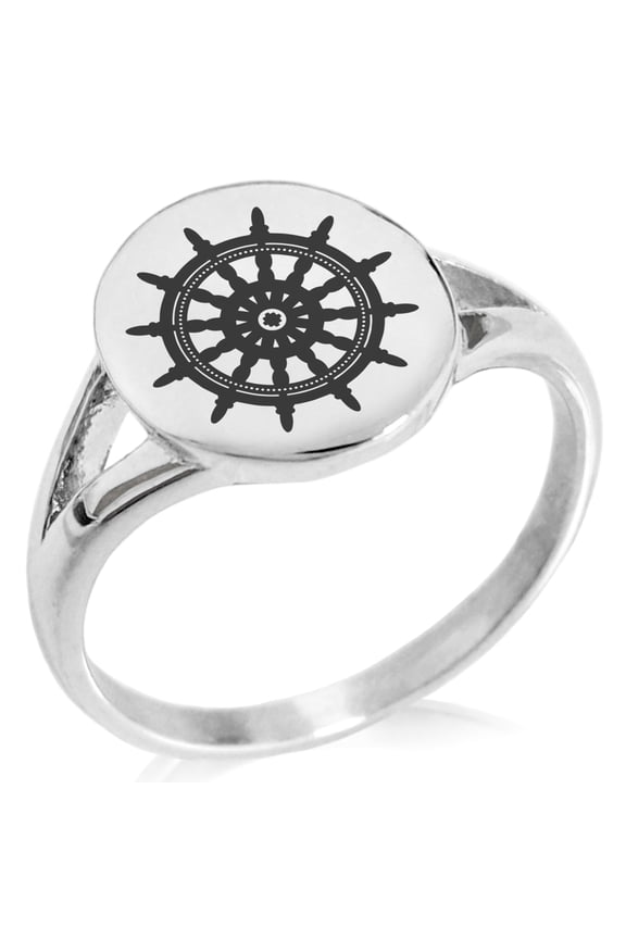 Stainless Steel Nautical Ship Helm Wheel Minimalist Oval Top Polished Statement Signet Ring