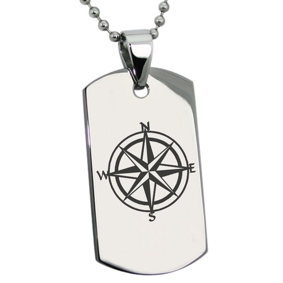 Stainless Steel Nautical Star Compass Engraved Dog Tag Pendant Necklace