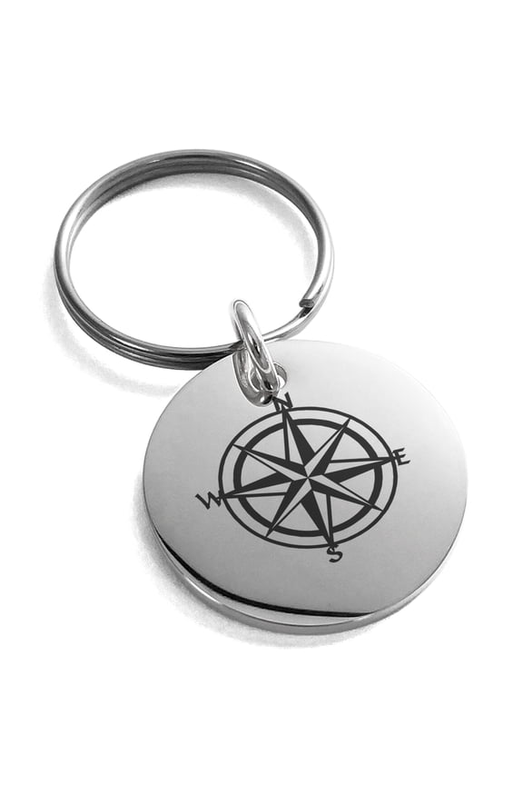 Stainless Steel Nautical Star Compass Engraved Small Medallion Circle Charm Keychain Keyring