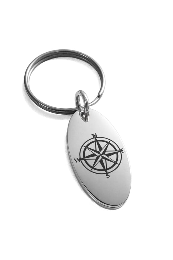 Stainless Steel Nautical Star Compass Engraved Small Oval Charm Keychain Keyring