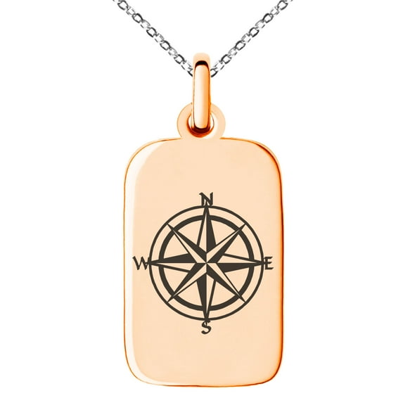 Stainless Steel Nautical Star Compass Engraved Small Rectangle Dog Tag Charm Pendant Necklace
