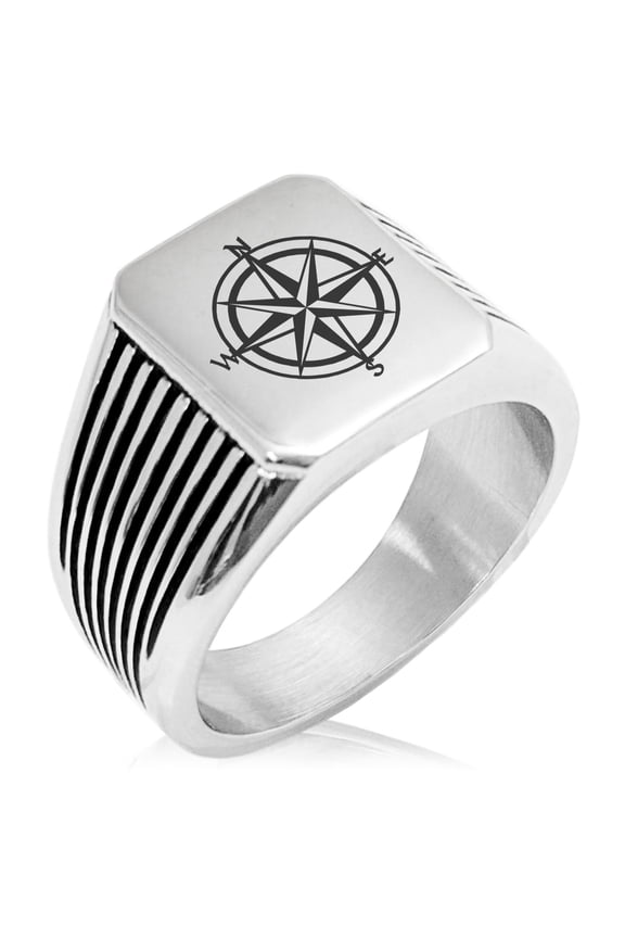 Stainless Steel Nautical Star Compass Needle Stripe Pattern Biker Style Polished Ring