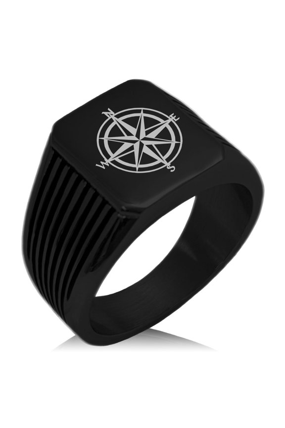 Stainless Steel Nautical Star Compass Needle Stripe Pattern Biker Style Polished Ring