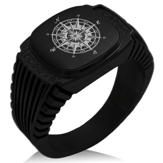 Stainless Steel Nautical Vintage Compass CZ Ribbed Needle Stripe Pattern Biker Style Polished Ring