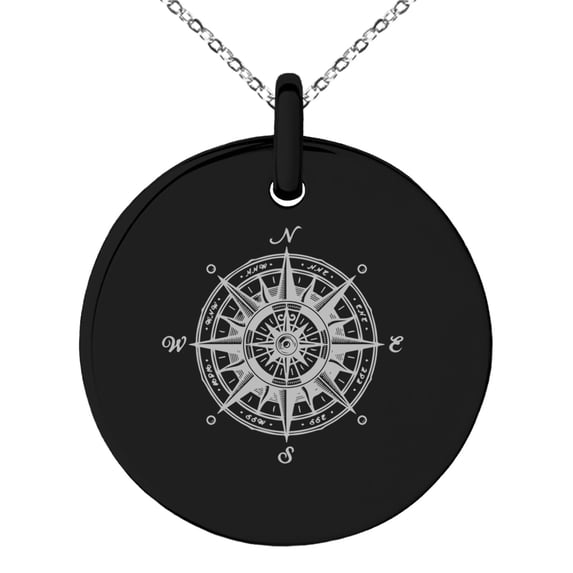 Tioneer Stainless Steel Nautical Vintage Compass Engraved Small Medallion Circle Charm Pendant Necklace