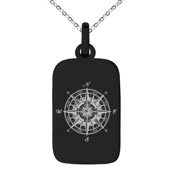 Stainless Steel Nautical Vintage Compass Engraved Small Rectangle Dog Tag Charm Pendant Necklace