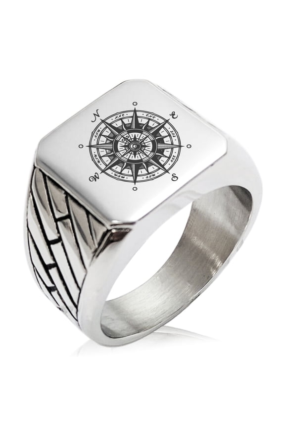 Stainless Steel Nautical Vintage Compass Geometric Pattern Biker Style Polished Ring