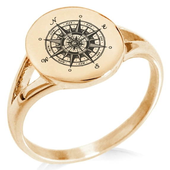 Stainless Steel Nautical Vintage Compass Minimalist Oval Top Polished Statement Signet Ring