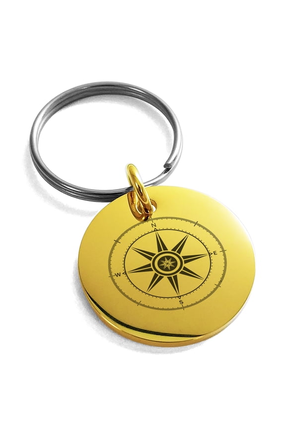 Stainless Steel Nautical Wind Compass Engraved Small Medallion Circle Charm Keychain Keyring