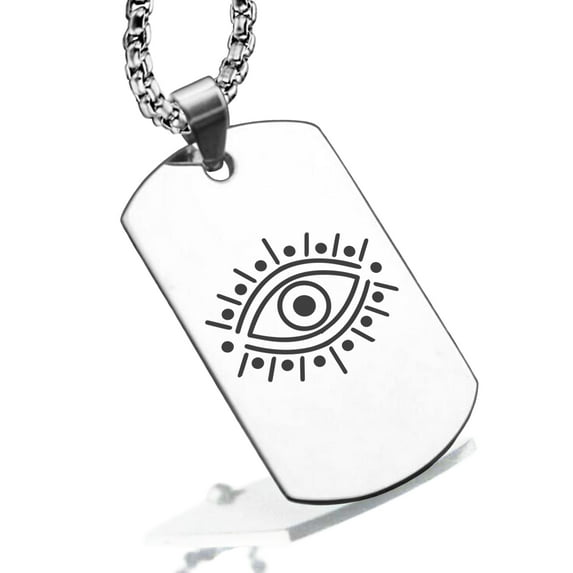 Stainless Steel Nazar Evil Eye Good Luck Charm Dog Tag Pendant Necklace