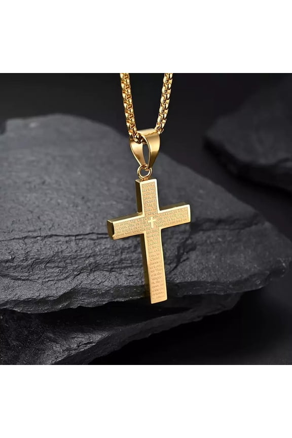 Stainless Steel Necklace Cross Pendant Box Chain Lobster Gold Bible Prayer N22