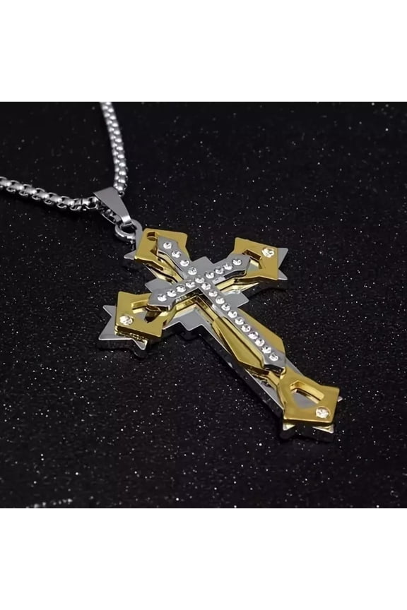 Stainless Steel Gold Box Cross Unisex Mens Cubic Zirconia Rinestone Clasp Pendant Necklace 16 Inch Seamless N20