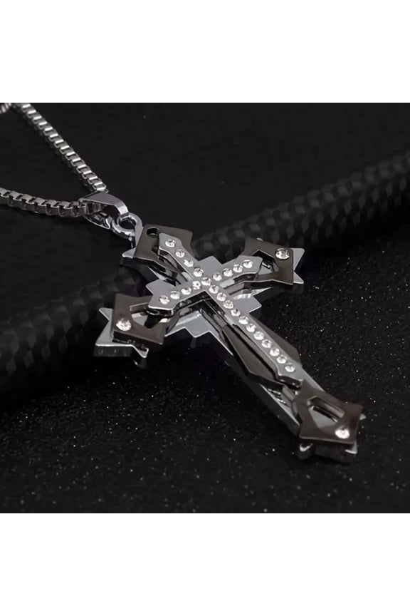 Stainless Steel Necklace Cross Pendant Unisex Mens Box Chain Cz Rinestone N20