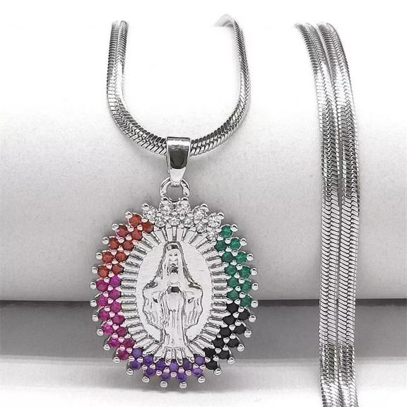 Stainless Steel Necklace Guadalupe Virgin Mary Snake Chain Zirconia Lobster N43