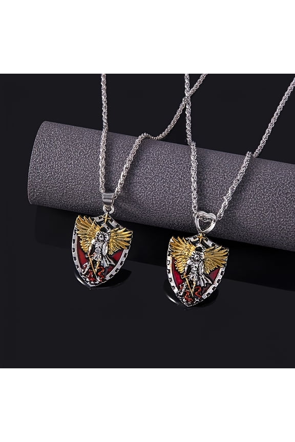 Stainless Steel Necklace for Men Warrior Guardian Holy Angel Saint Michael Pendant Necklace Men Knight Shield Necklace Jewelry Gift Personalized Necklace