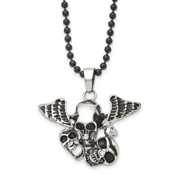 Stainless Steel Necklace with Pendants Chain Antiqued & Polished Black IP Skulls w/Wings 24in 24 inch