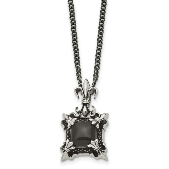 Stainless Steel Necklace with Pendants Chain Antiqued & Polished w/Black Agate Fleur de lis 20 inch 19 mm