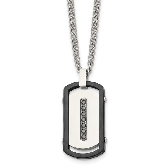 Stainless Steel Necklace with Pendants Chain Brushed/Polished Black IP Rim w/Black CZ Dog Tag 22 inch