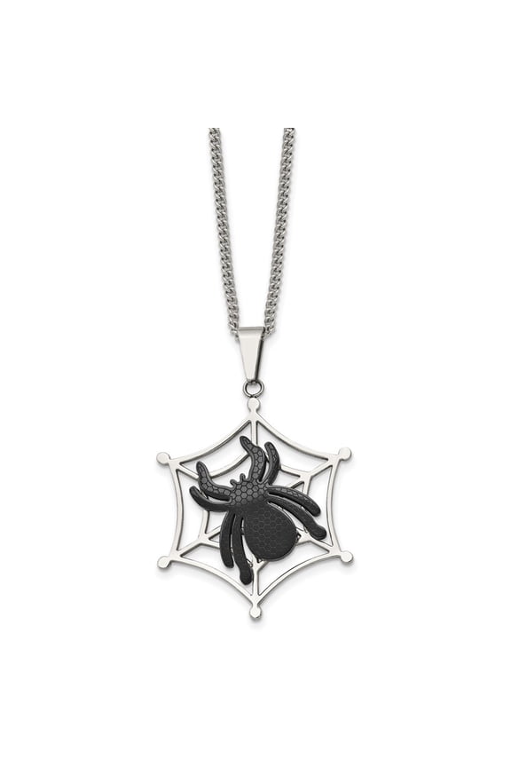 Stainless Steel Necklace with Pendants Chain Polished Black IP-plated Spider on Web 22in 22 inch