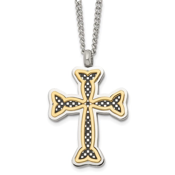 Stainless Steel Necklace with Pendants Chain Polished Black and Yellow IP-plated Cross 24in 24 inch