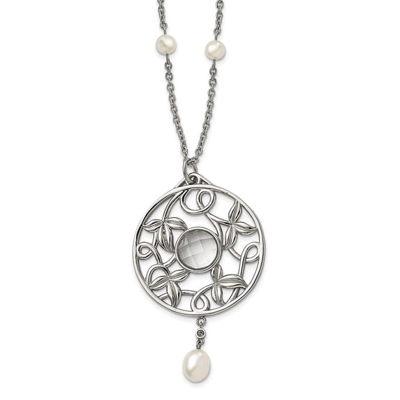 Stainless Steel Necklace with Pendants Chain Polished FWC Pearl & CZ Glass 30in w/2in ext 30 inch
