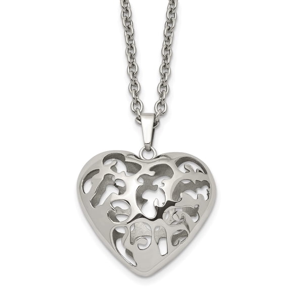 Stainless Steel Necklace with Pendants Chain Polished Filigree Puffed Heart 20in 20 inch