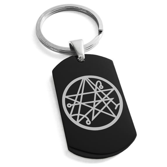 Stainless Steel Necronomicon Talisman Rune Engraved Dog Tag Keychain Keyring