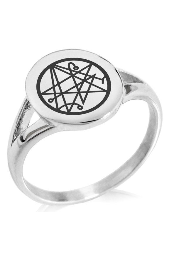 Stainless Steel Necronomicon Talisman Rune Minimalist Oval Top Polished Statement Signet Ring