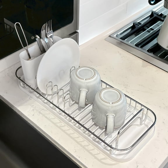 Stainless Steel NeverRust Compact Dish Drying Rack with Utensil Holder & Removable Drain Tray, Rustproof Small Dish Rack for Kitchen Countertop or Over Sink