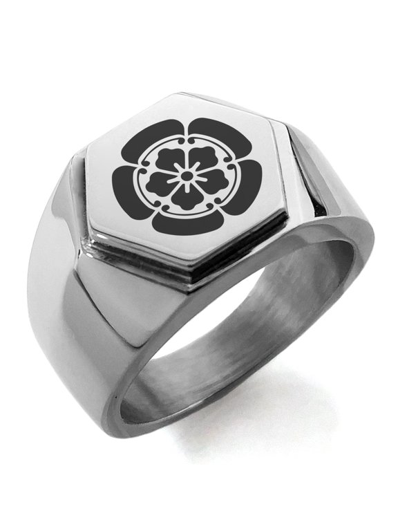 Stainless Steel Nobunaga Oda Samurai Crest Engraved Hexagon Crest Flat Top Biker Style Polished Ring