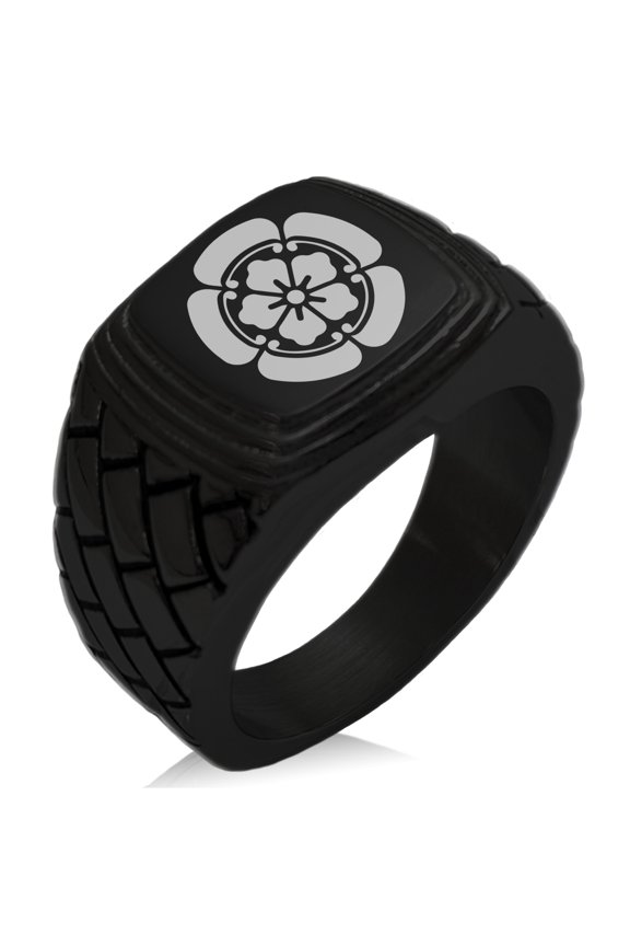 Stainless Steel Nobunaga Oda Samurai Crest Geometric Pattern Step-Down Biker Style Polished Ring