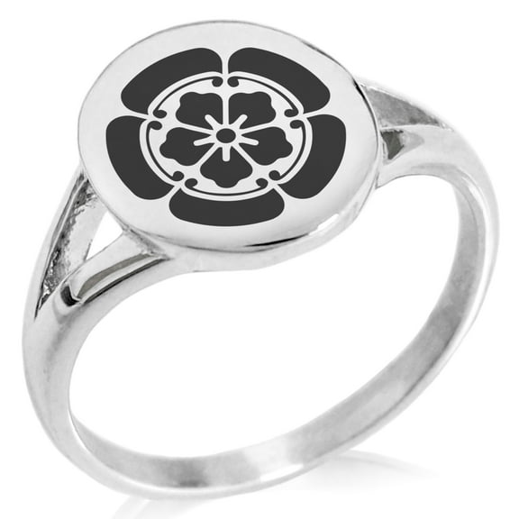 Stainless Steel Nobunaga Oda Samurai Crest Minimalist Oval Top Polished Statement Signet Ring