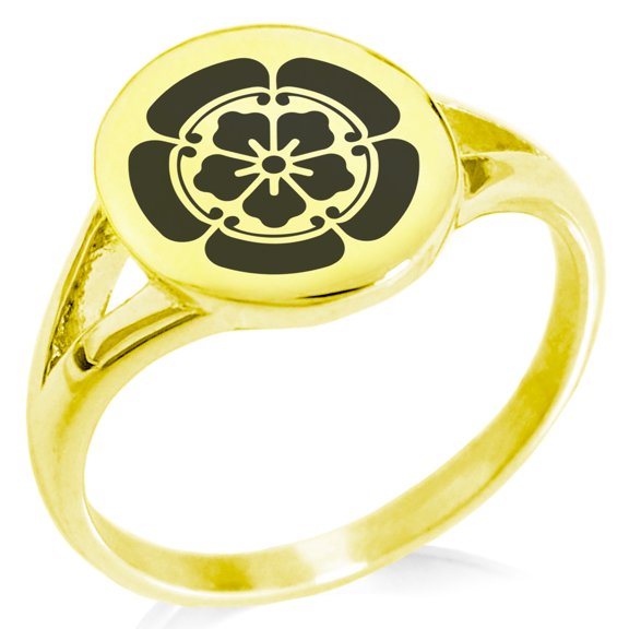 Stainless Steel Nobunaga Oda Samurai Crest Minimalist Oval Top Polished Statement Signet Ring