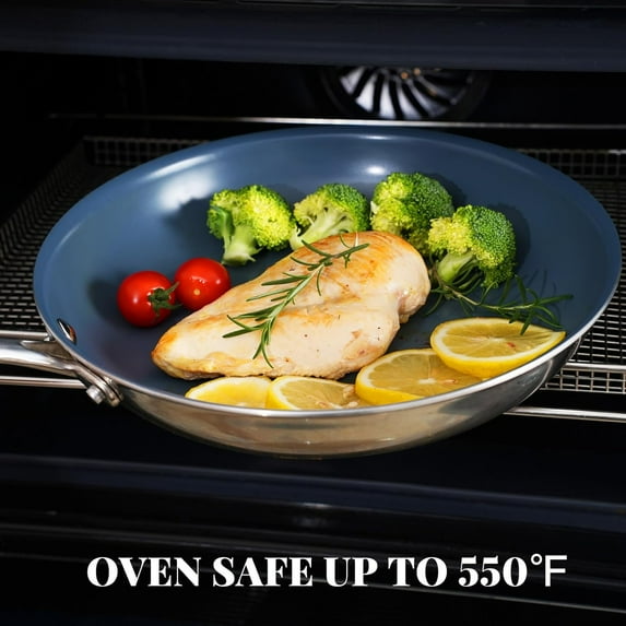 Stainless Steel Non Stick Frying Pan, 10 Inch Healthy Ceramic Coating Cookware with Lid, PTFE PFAS PFOA , Dishwasher & Oven Safe