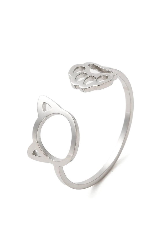 Stainless Steel Non-Tarnish Adjustable Open Ring Cat Kitten Shape Animal Pet R7