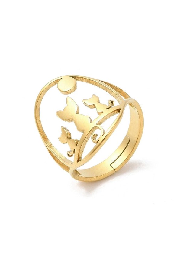 Gold Stainless Steel Non-Tarnish Adjustable Ring Cat Kitten Shape Animal Pet Statement R3