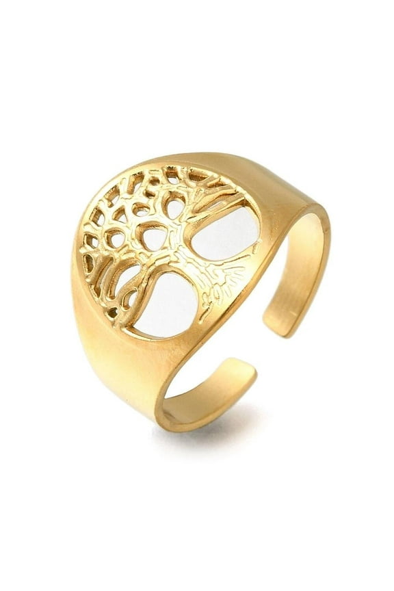 Stainless Steel Non-Tarnish Adjustable Ring Tree Of Life Open Gold R39