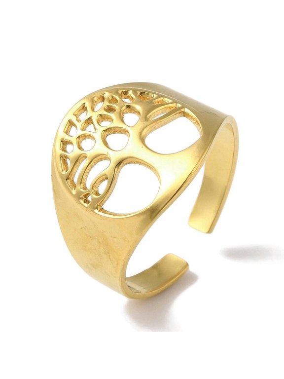 Gold Stainless Steel Non-Tarnish Adjustable Ring Tree Of Life Open Statement R36